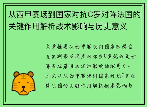 从西甲赛场到国家对抗C罗对阵法国的关键作用解析战术影响与历史意义