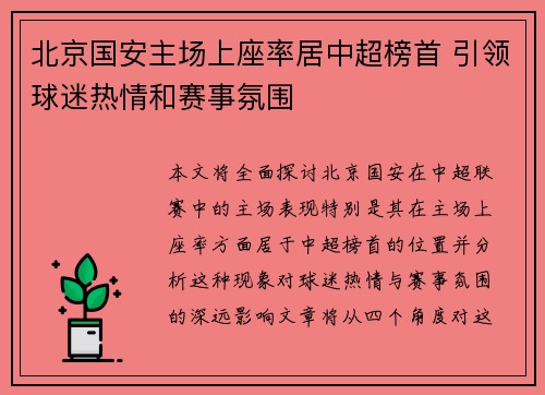 北京国安主场上座率居中超榜首 引领球迷热情和赛事氛围